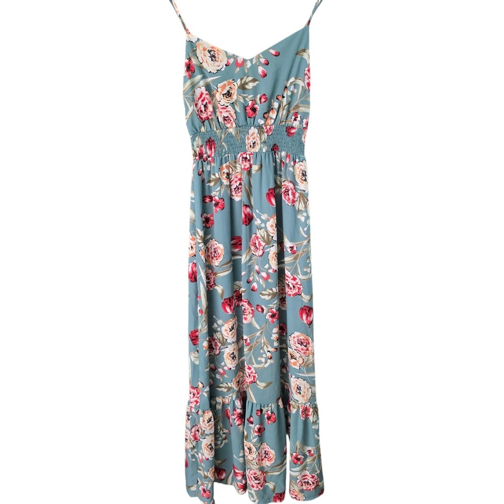 NWT City Studio Maxi Dress Small‎ Blue Floral Spaghetti Strap Shirred Waist Boho